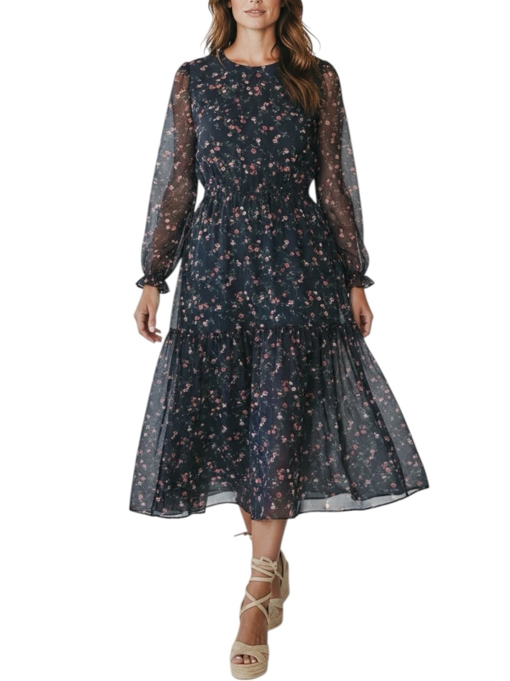 GRACE KARIN Navy Floral Shirred Long Sleeve Midi Dress Size Large--NEW WITH TAGS